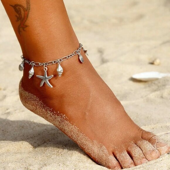 NWT Vintage Style Silver Starfish Seashell Charms Ankle Bracelet Anklet 8” - Picture 2 of 8